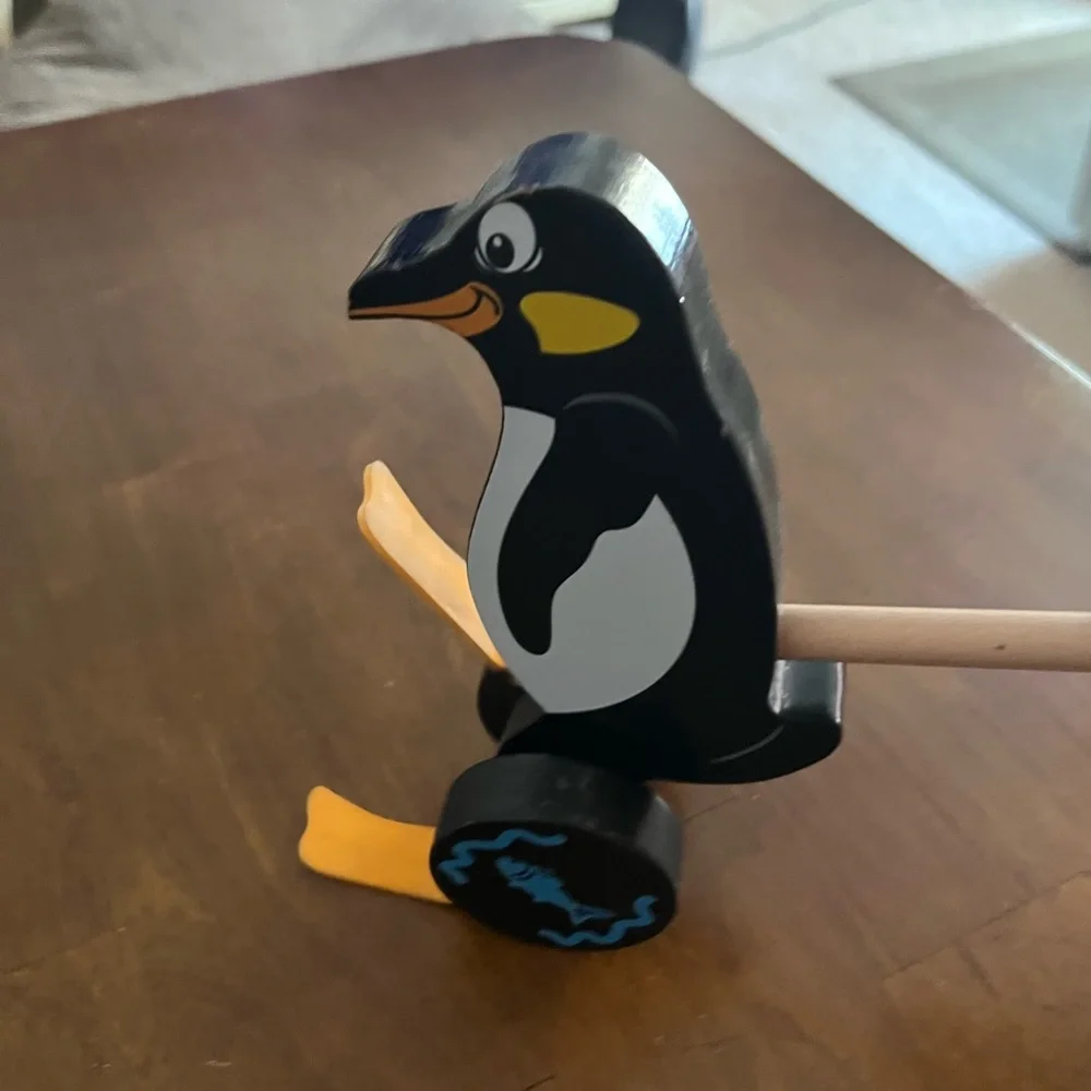 Wooden Penguin Push Toy - Black and Orange